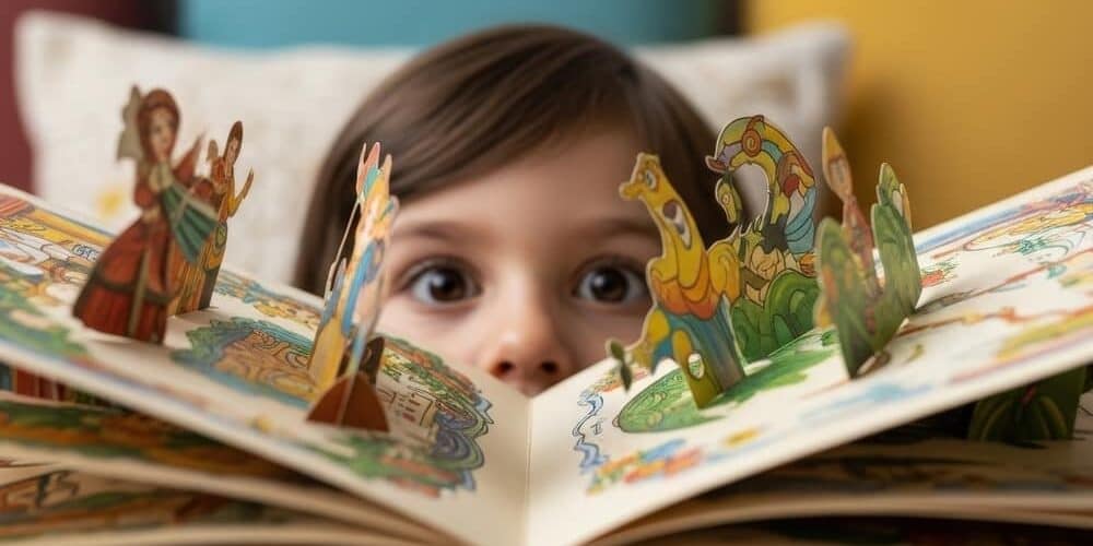 child looking at characters in book