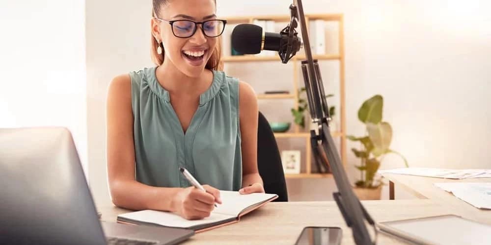 woman doing research for a podcast